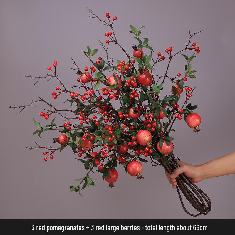 High-End Artificial Pomegranate Flower & Fruit Tree Branch Arrangement for Living Room or Dining Table Decor.
