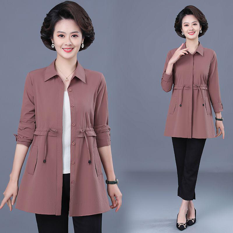 Women's Slim Fit Mid-Length Trench Coat for Spring and Autumn - Fashionable Solid Color for Middle-Aged and Elderly Moms