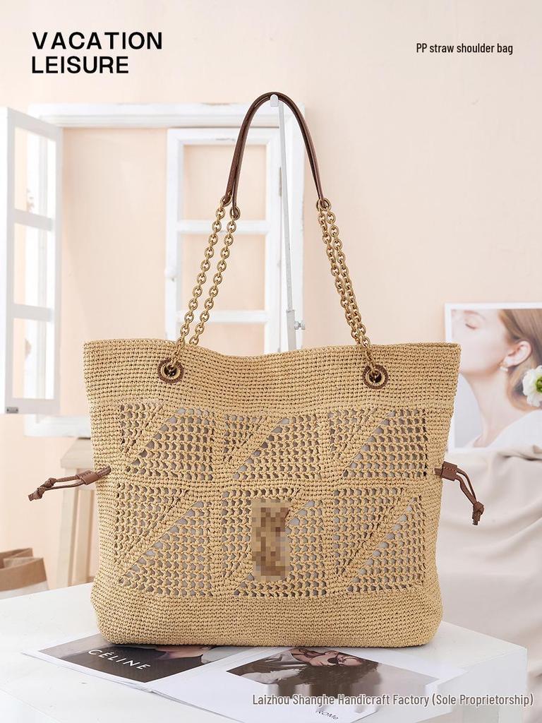 Borsa a Spalla in Paglia di PP Intrecciata a Mano di Grande Capacità - Alla Moda e Versatile per il Pendolarismo o le Vacanze