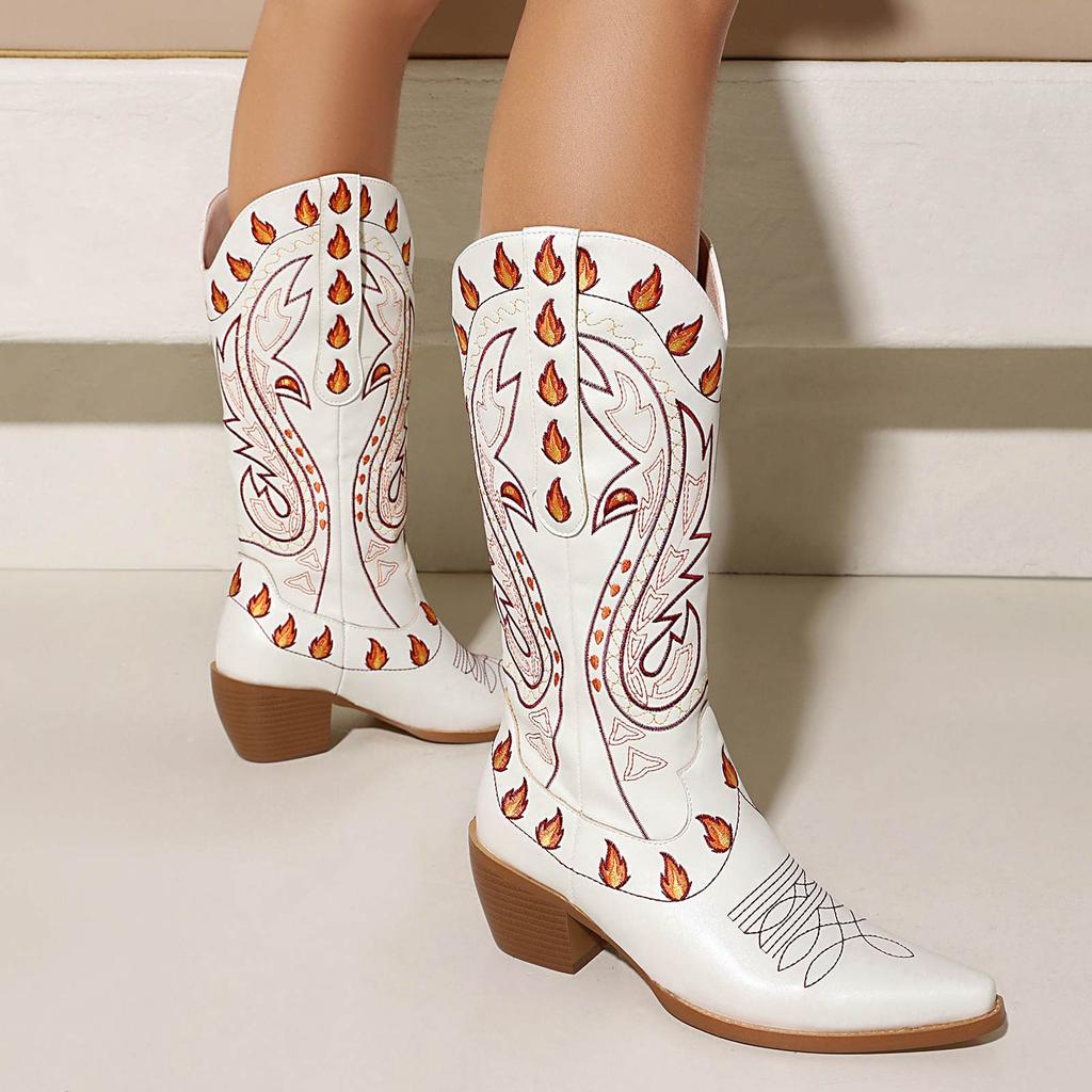Krazing Po Polyurethane Winter Pointed Toe Western Boots Size 43 Sewing Embroidery Thick Heels Mid-calf Boots
