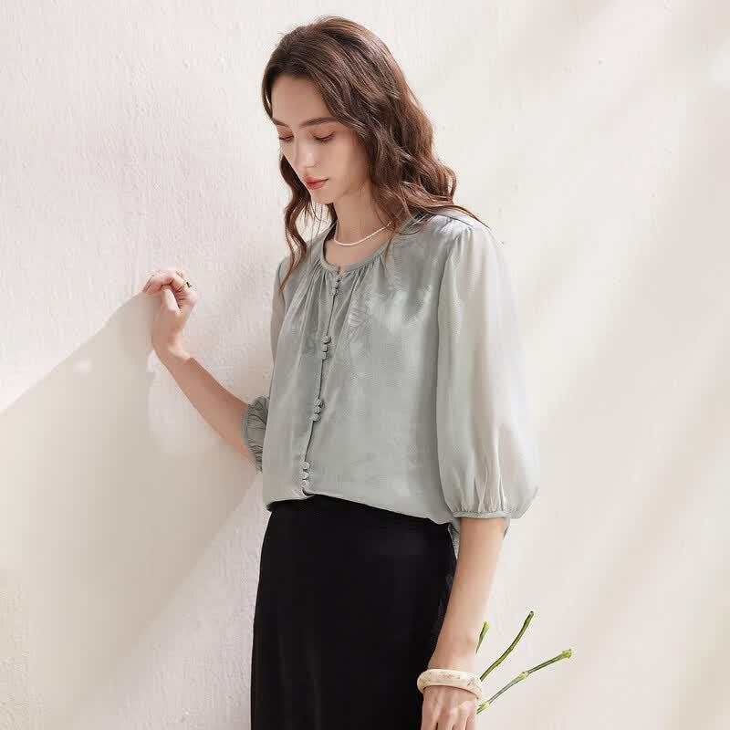 Women's Mulberry Silk New Chinese Style 3/4 Sleeve Jacquard Top