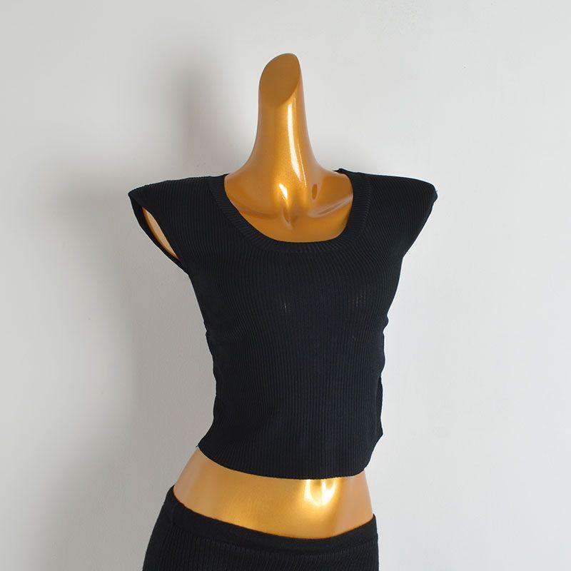 Summer Pure Color U Collar Pullover Ice Silk Knitting Bottoming Shirt Women's Waist-Tight Slim Looking Ruched Flying Sleeve T-shirt Tops