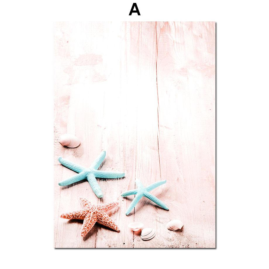 Summer Sea View Wall Art Canvas Painting Beach Scenery Posters Flamingo Flower Starfish Wall Pictures For Living Room Decor