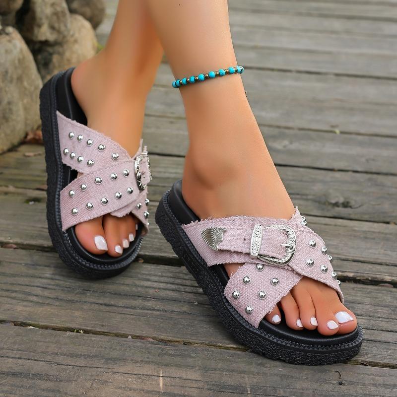2025 New Fashion Rivets Platform Sandals Women Black Cross Strap Thick Sole Slippers Woman Plus Size Metal Buckle Summer Slides