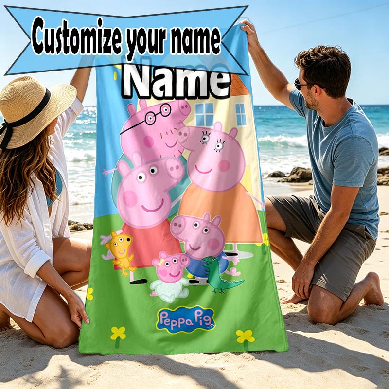 Custom Name Personalized Peppa Pig Print Beach Towel, for Trip Camping Beach Party Home Decor, Birthday Gift for Family & Friends