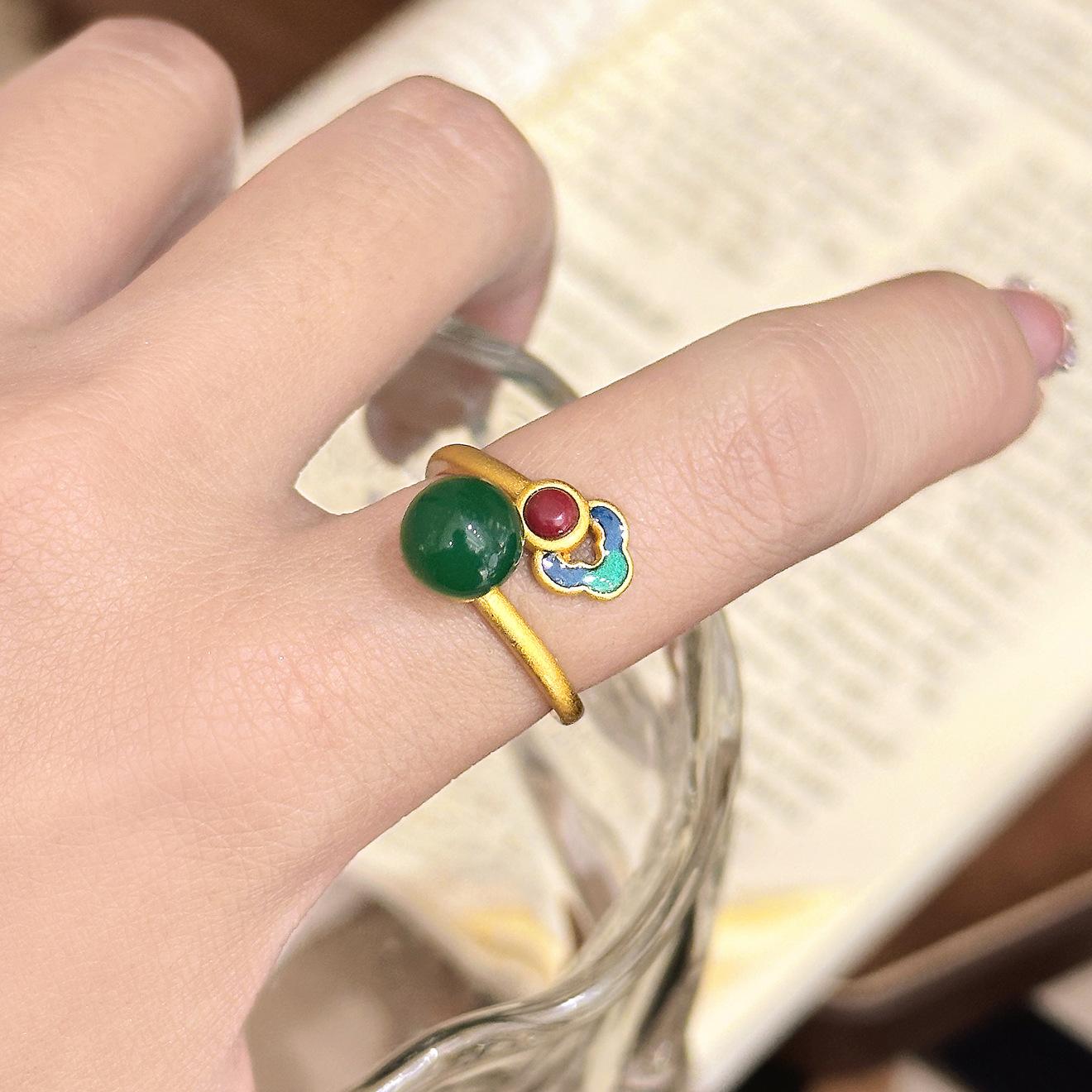 National style enamel color auspicious cloud ring niche design imitation Hetian jade retro ins light tide