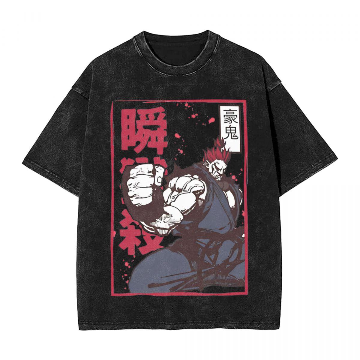 Akuma Gouki Washed T Shirts Streetwear Hip Hop Casual TShirt Street Fighters Tee Shirt for Men Women Harajuku Summer S