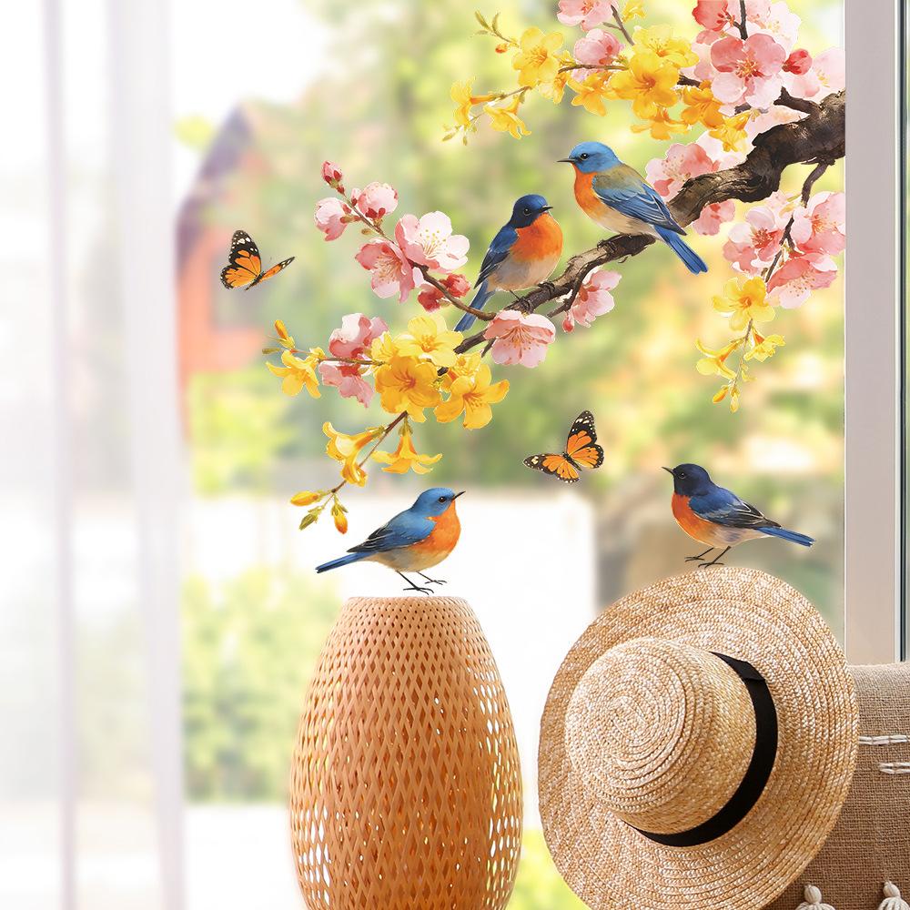 Spring-themed Painted Flowers, Branches, Birds, Outdoor Balcony, Glass Mirror, Decoration Stickers