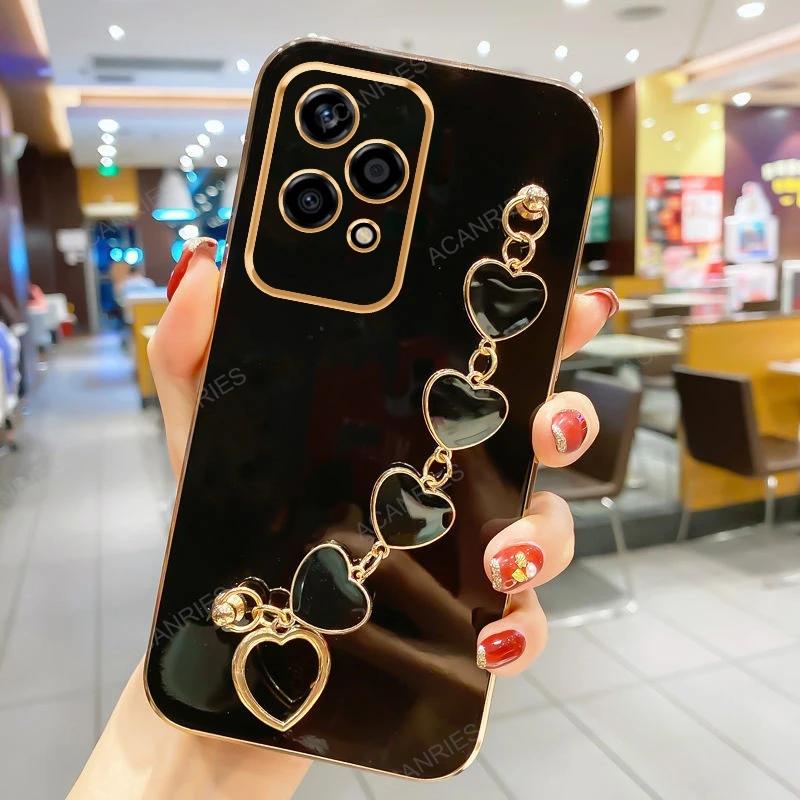 

Чехол для Reno 13 13F Love Heart Bracelet Chain Plating Silicone Case для OPPO Reno 13 12F 11 10 Pro Защитный мягкий чехол для объектива For Reno 12F чёрный