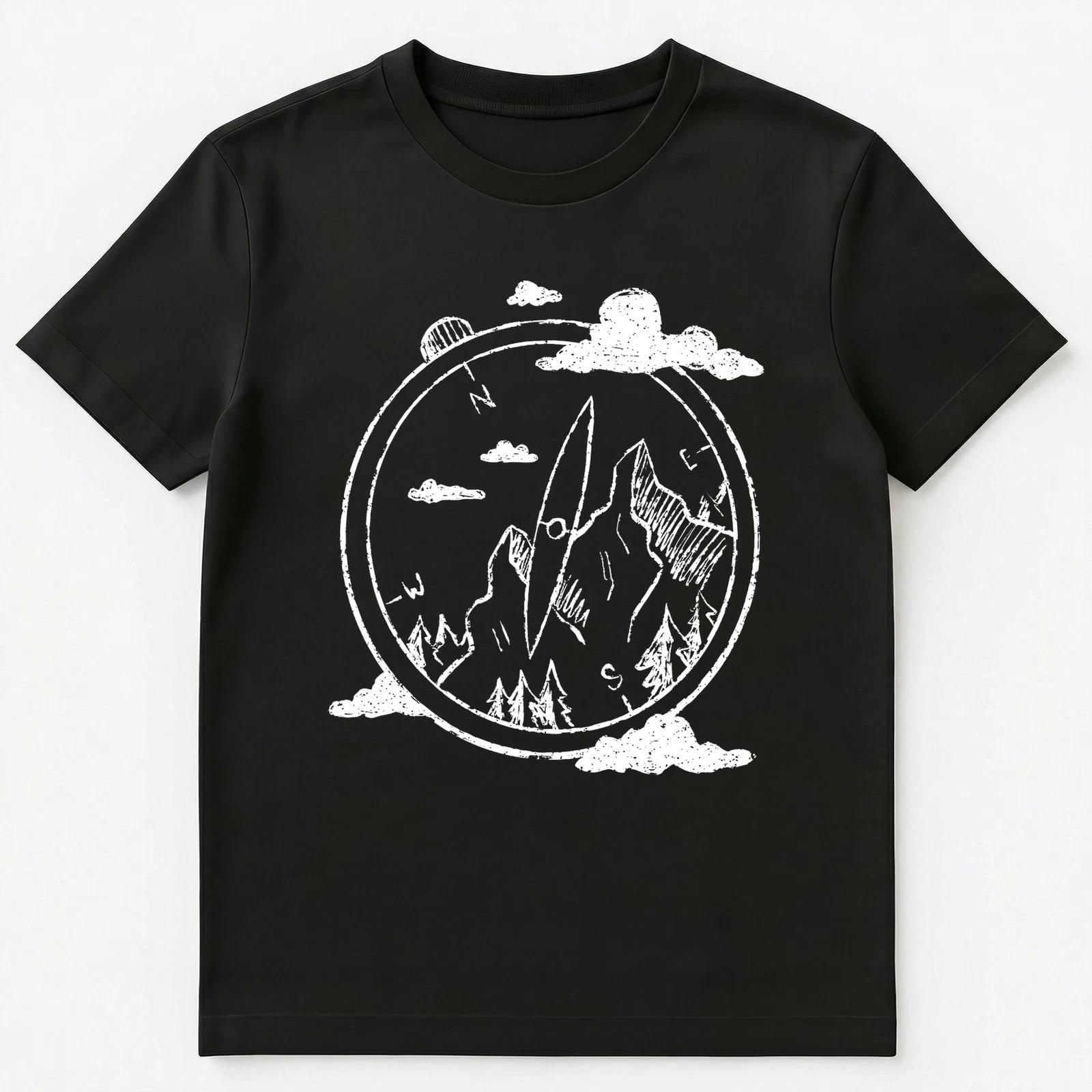 Black And White Compass Mountain Landscape Unisex T-Shirt 4XL