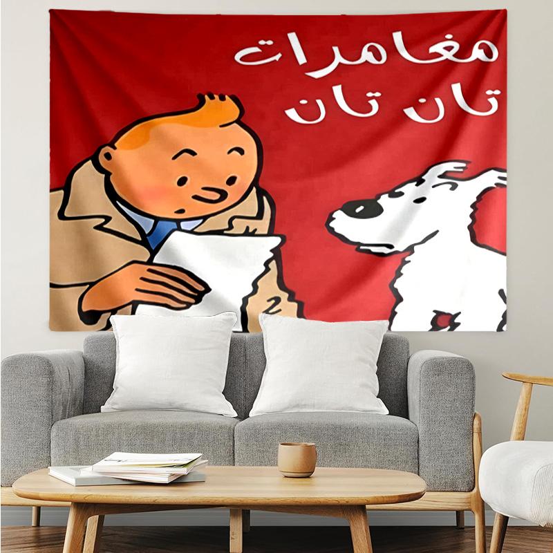 Tintin's Avonturenstad Sneldrogend Wandkleed voor Slaapkamer, Woonkamer, Speelkamer, Decoratie Kunstkamer Wandkleed Vakantie- en Verjaardagscadeaus