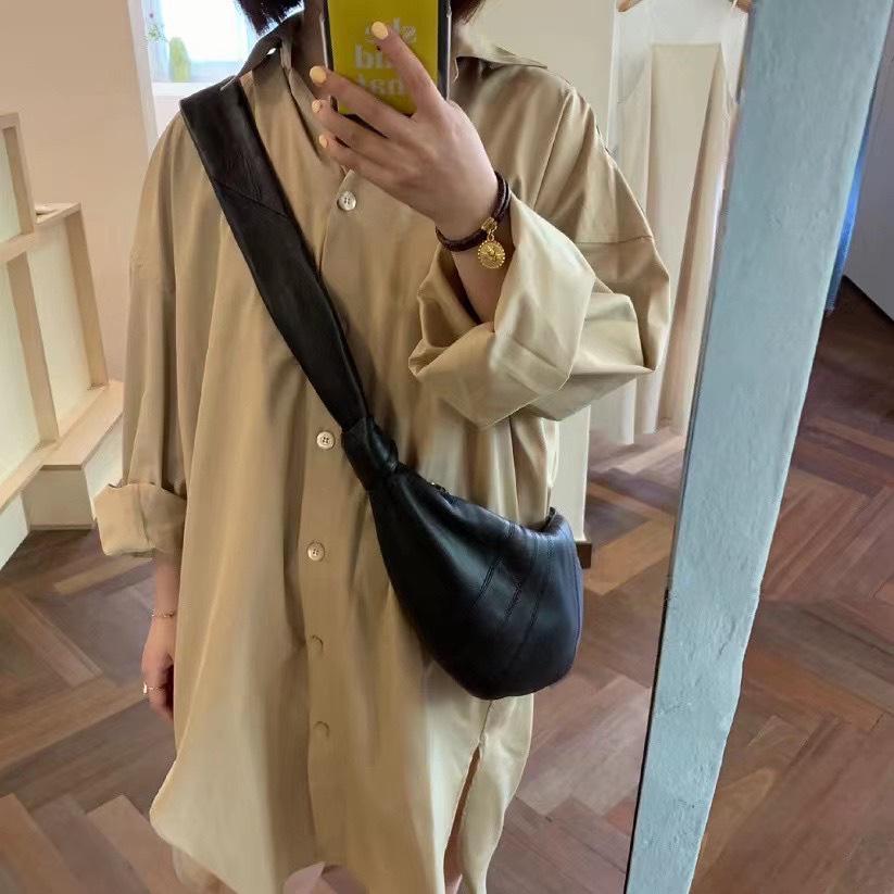 French Lambskin Croissant Leather Crossbody Bag - Women's Dumpling Style