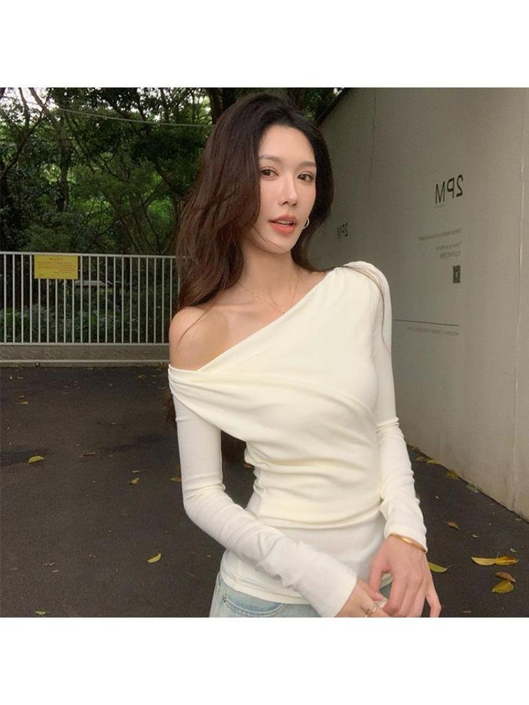 Women's Asymmetrical Off-Shoulder Slim-Fit Long Sleeve Top in White - Autumn 2025 Design