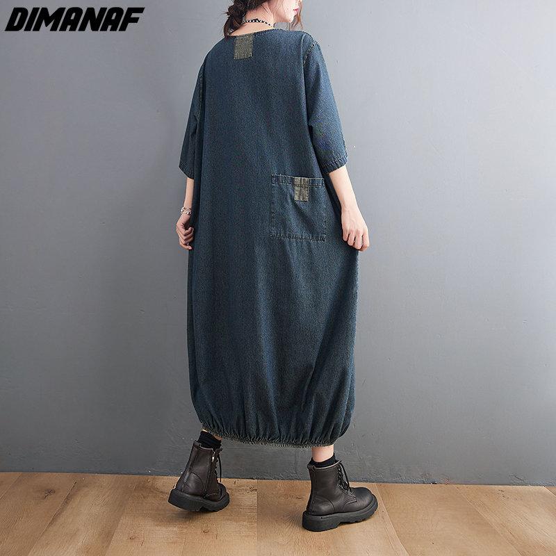 DIMANAF Plus Size Women 2025 New Dress Denim Autumn Long Sleeve Vintage Dress Long Dress Loose Dress Blue Basic Dresses