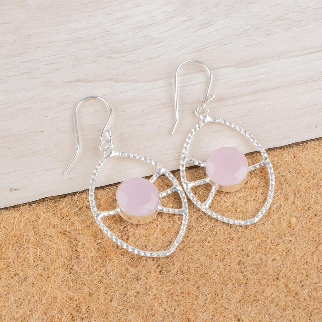 Rose Chalcedony Gemstone 925 Sterling Silver Jewelry Handmade Earrings 2.00" EE-52-14