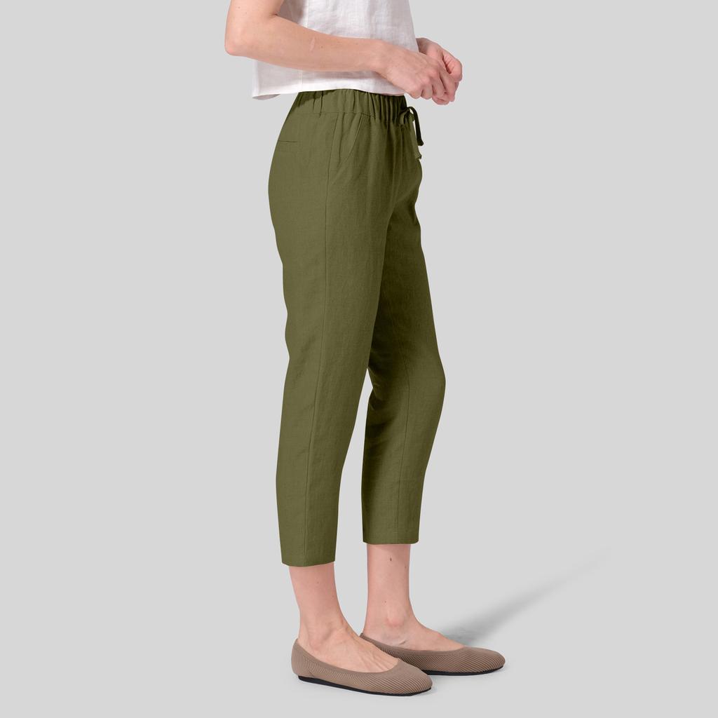 Women's Summer Casual Linen Pants Elastic Waist Loose Straight Nine-Point Pants Beach Pants With Pockets