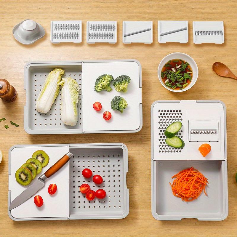 6 in 1 Multi Functional Kitchen Cutting Board with Stainless Steel Slicer, Draining Basket , BPA Free Plastic, Dishwasher Safe, Non-Slip Base