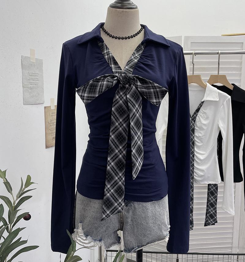 Spicy Girl V-Neck Bow Tie Lace-Up Long Sleeve Slim Pleated Top