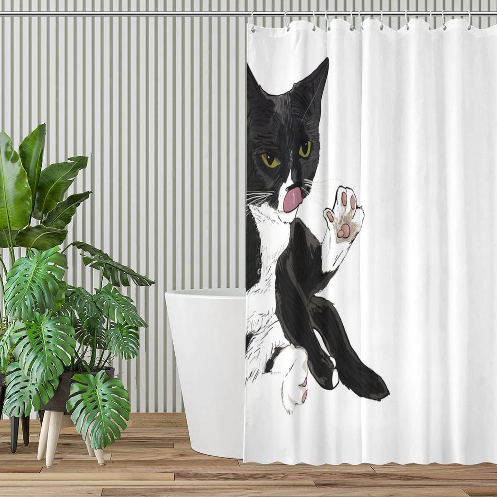 Black & White Cat Shower Curtain – Tuxedo-Style Feline Art, Minimalist Bathroom Decor, Polyester, Includes Hooks