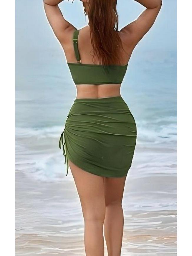 2025 European and American Solid Color Mesh Patchwork Drawstring Split Swimsuit