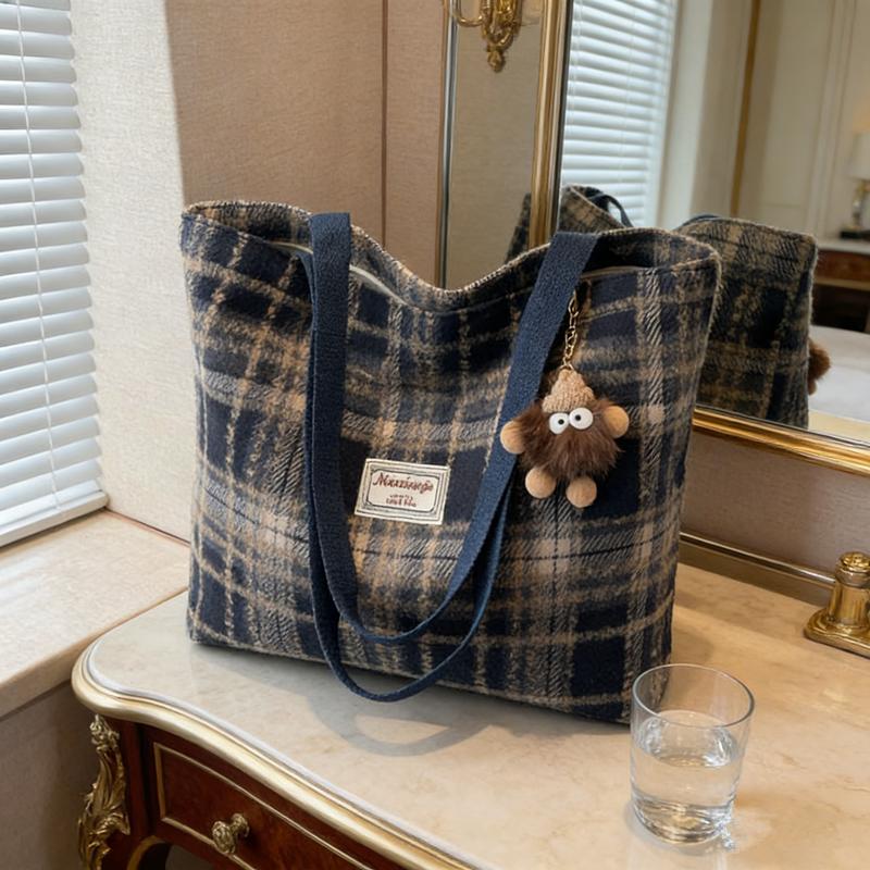 Cozy Soft Wool Plaid Handbags Shoulder Bags, Vintage Soft Plaid Tote Bag, Perfect for Daily Shopping, Commuting, Casual Outings