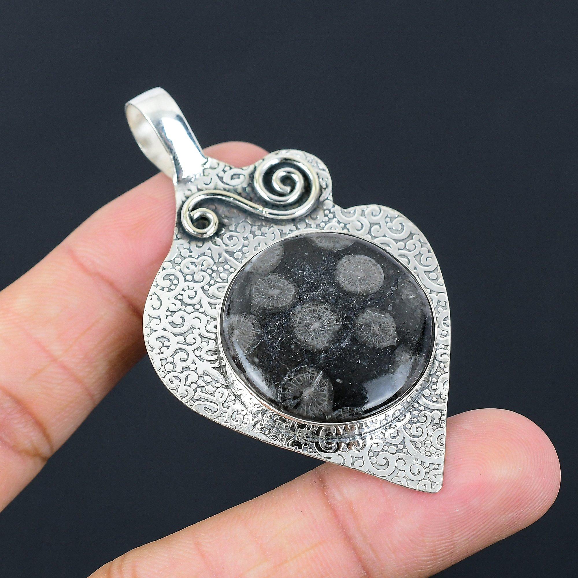 925 Sterling Silver Root Chakra Natural Black Fossil Coral Wife Pendant Jewelry