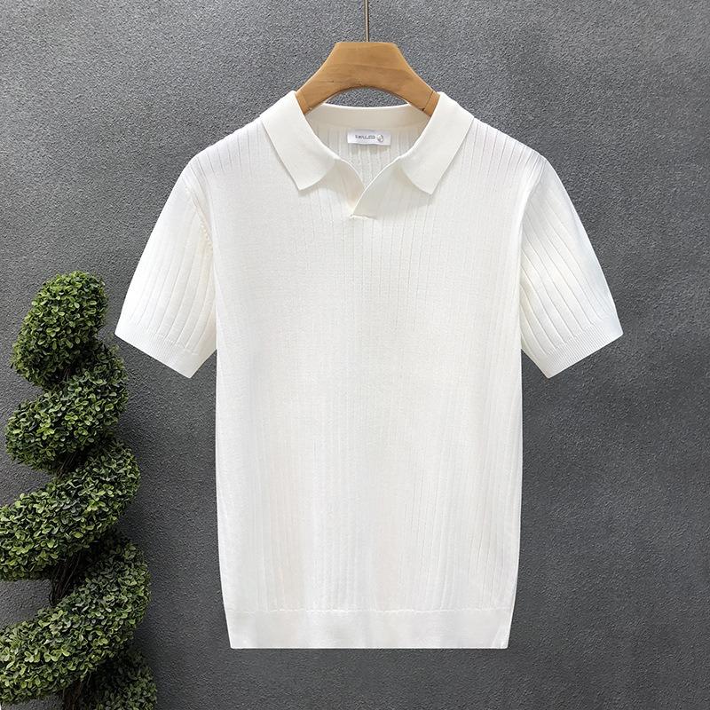 Men Casual Loose Short Sleeve Collared Color Block Big Size Knit Polo Shirt M белый