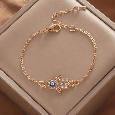 Ladies Titanium Steel Hand Shape Devil's Blue Pupil Crystal Bracelet Jewelry