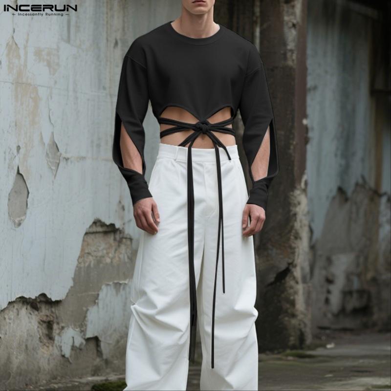 INCERUN Men Cutcut Long Sleeve Bandage Cropped Pullover Tops