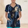 Women Plus Size V Neck Short Sleeve Printed Nurse Scrub Top With Front Pockets Blue Green