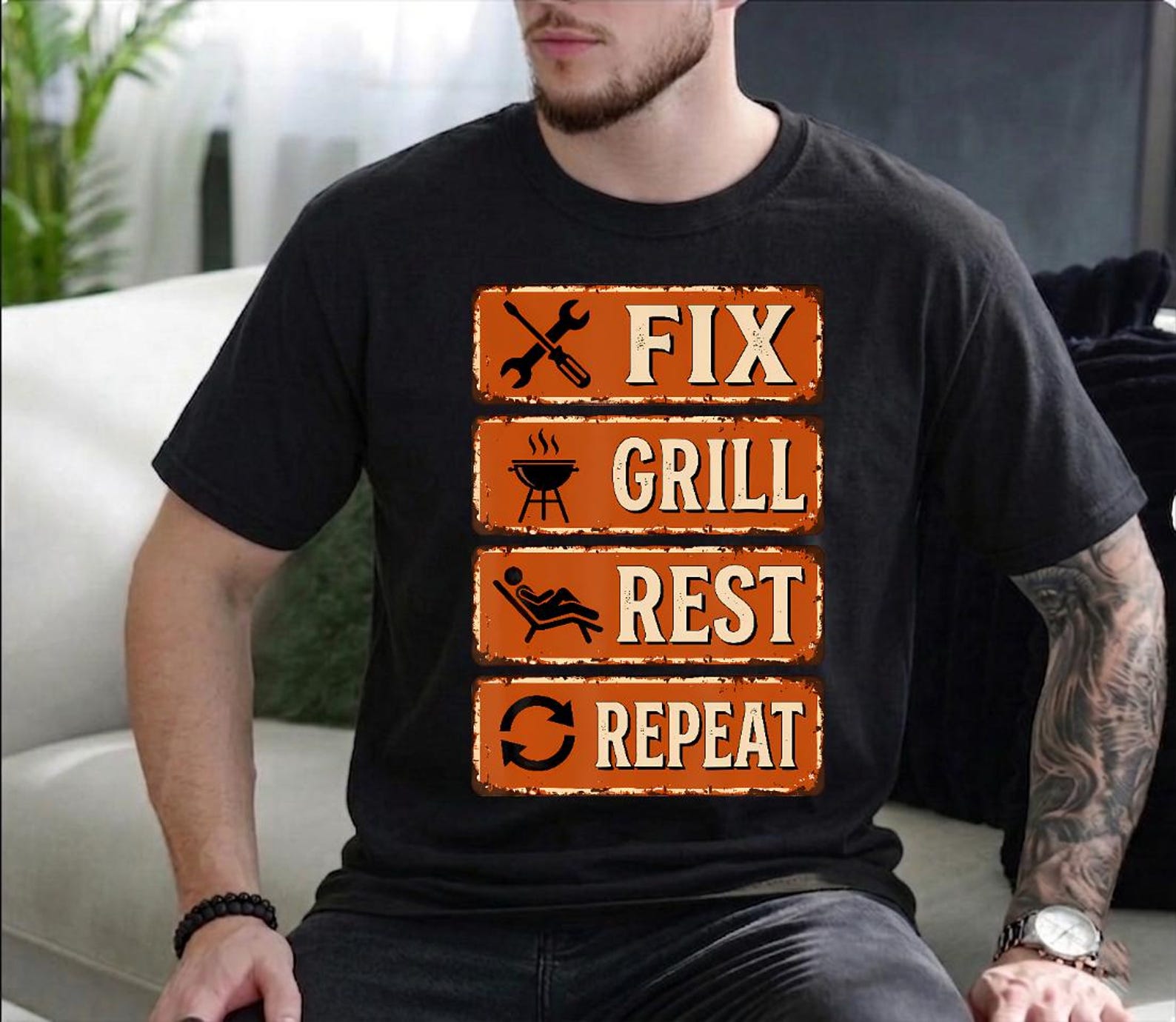 Fix Grill Rest Repeat Dad Shirt, Funny BBQ Grilling Master Tee M