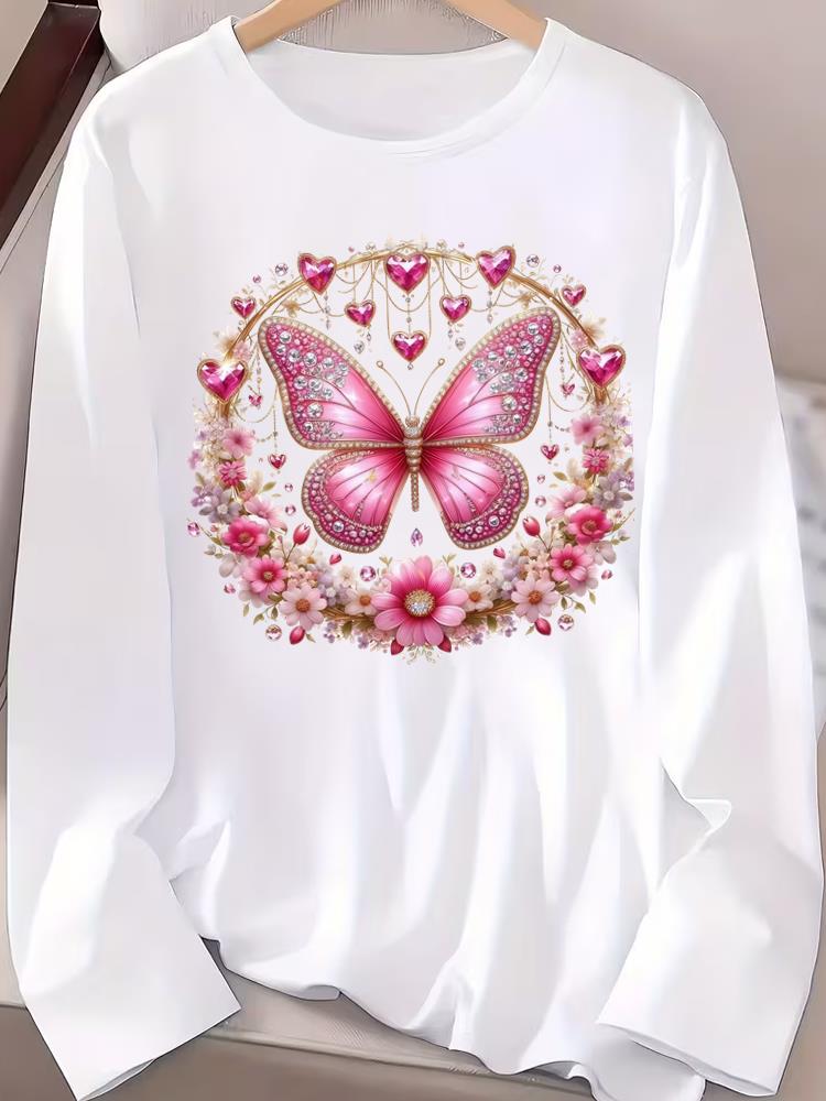 (Asian Size) Long Sleeve T-shirts Casual Clothing Women butterfly cute o-neck Print T Shirt autumn winter spring Fashion Top Graphic Tee