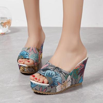 Moda feminina verão nova estampa peep toe cunha chinelos ao ar livre casual cor sólida sola grossa sandálias antiderrapantes chinelos 35-42