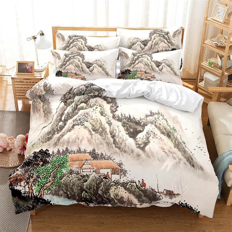 3D Oriental Ink Wash Painting Bedding Set, Bamboo Painting Print Duvet Cover with Pillowcases for Adults Teens