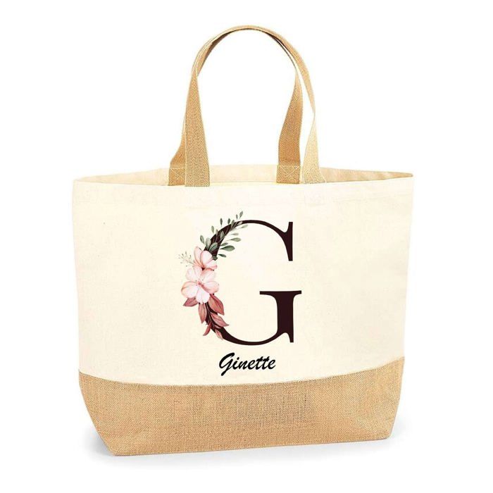 Cabas de Plage - PLANETEE - Ginette Lettre Fleur - Jute naturel - Poignées solides - Fabriqué en France