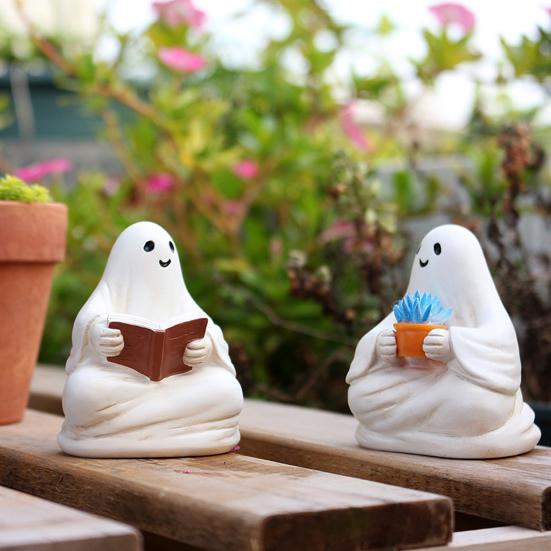 2 Pcs Sitting Ghost Ornaments Reading Ghost Figurine Resin Ghost Holding Potted Plant Statue Halloween Decor for Cabinet Mantel