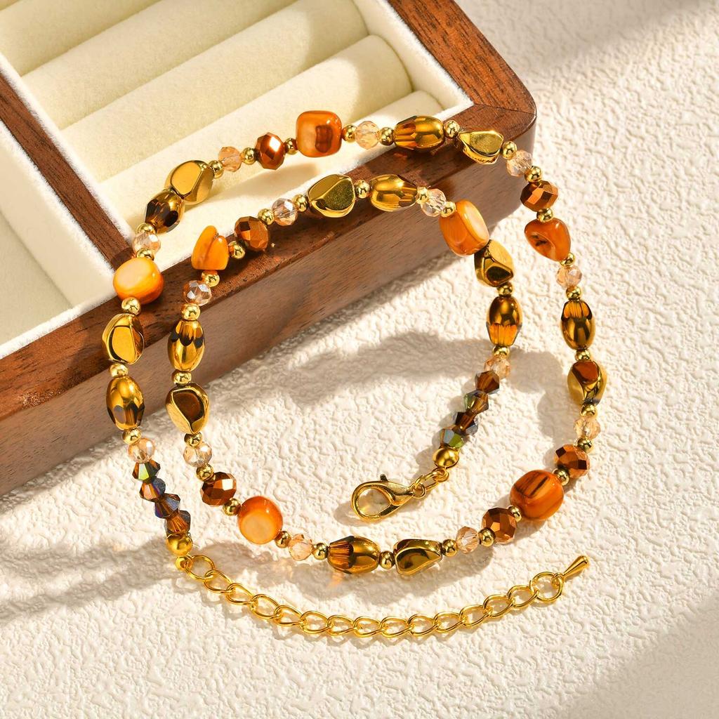 Vintage Natural Brown Tiger Eye Stone Necklace Choker for Women, Adjustable Beaded Chain, Stack Jewelry