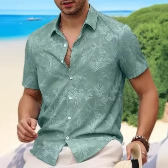 Camisa Masculina de Manga Curta com Botões Estampa Folha de Palmeira Tropical 2026, Camisa Casual de Verão Estilo Praia Casual