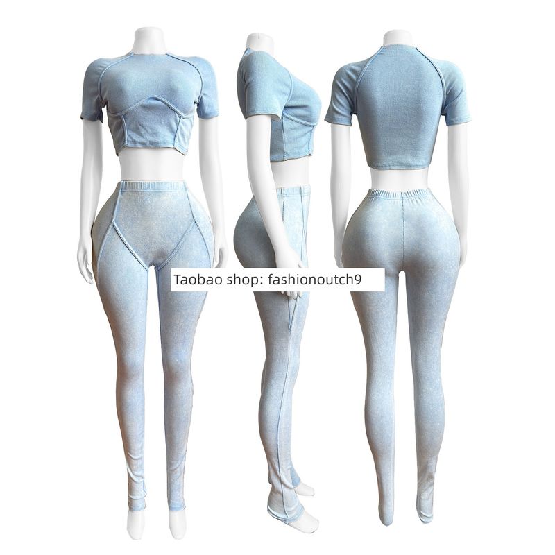 

2025 Water Washed Thread Short Sleeve Pants Set Light blue S