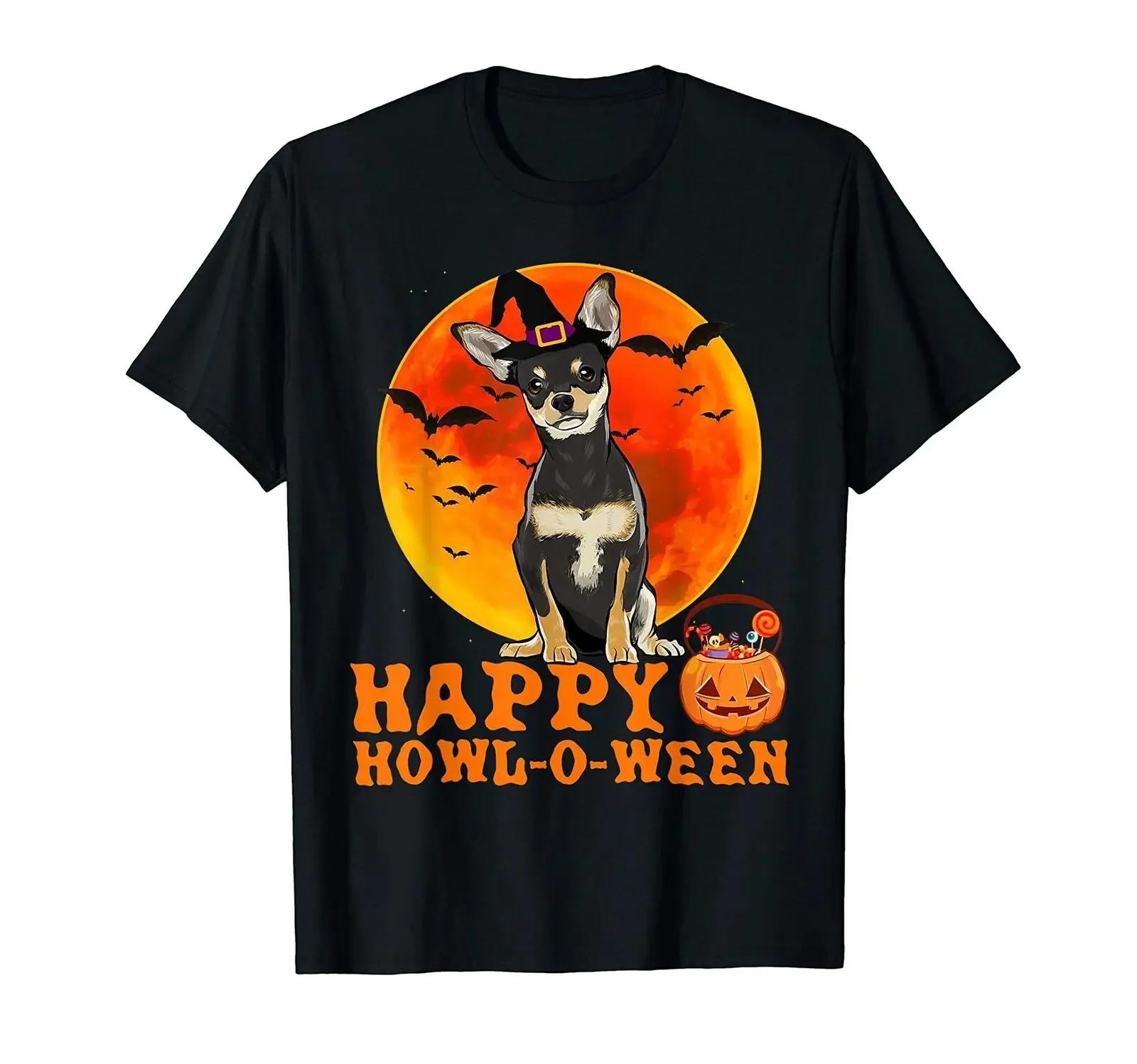 Happy Howl-o-ween Funny Chihuahua Witch Dog Halloween T-Shirt 100% Cotton O-Neck Short Sleeve Casual Mens T-shirt Size S-3XL S