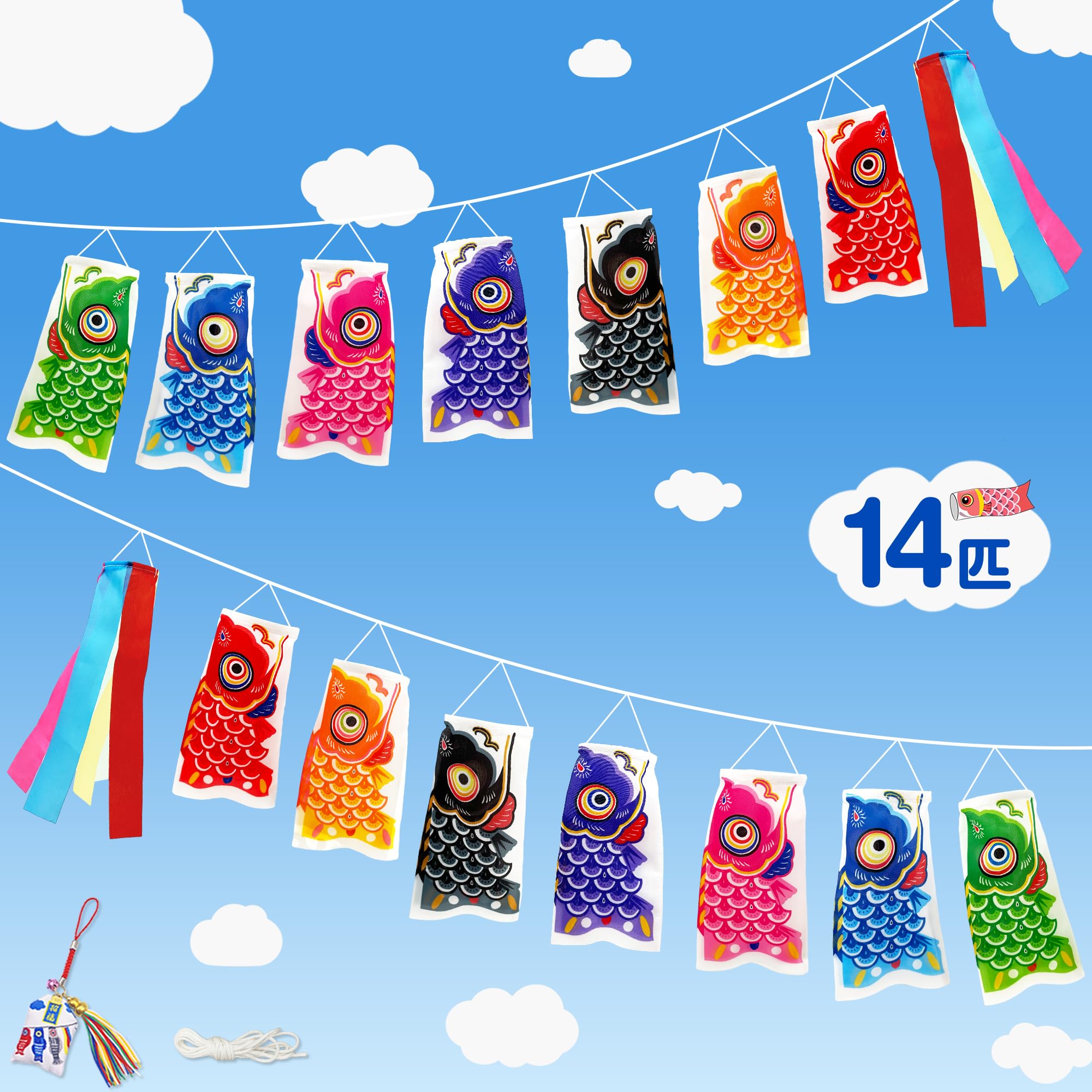 

GOKEI Indoor Mini Koinobori 15cm Multicolor 14 Pieces Carp Streamer Guardian Bag Children s Day Boys Festival Decoration