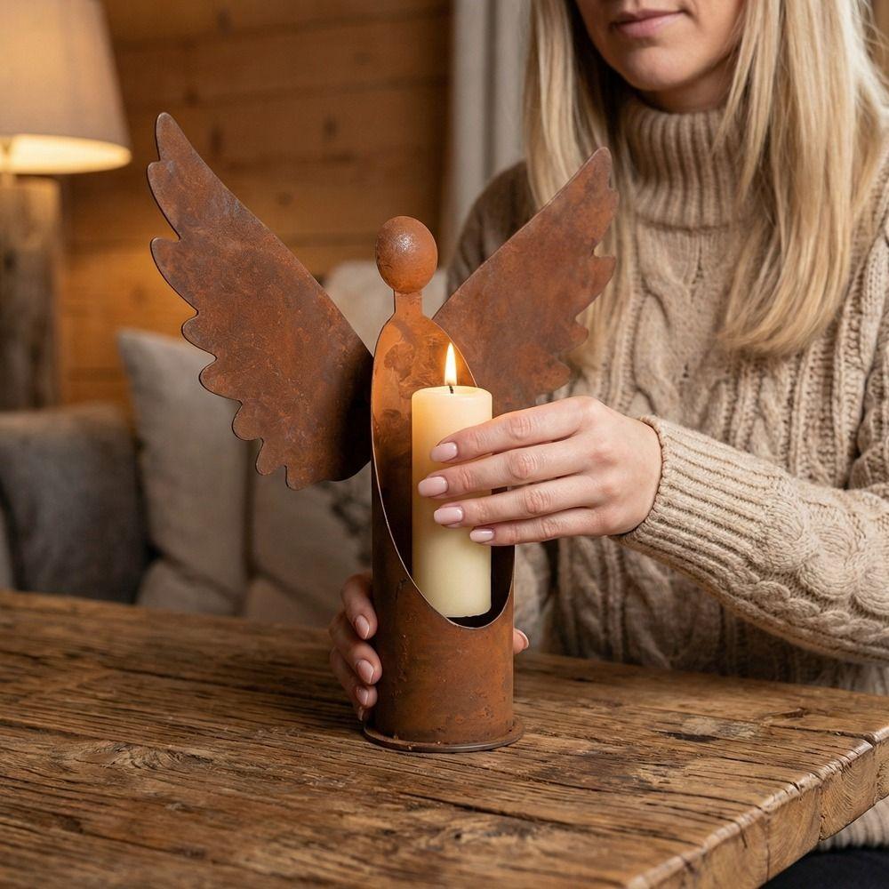 Metal Angel Candle Holder Rust Candlestick Ornament Candlestick Outdoor Decoration
