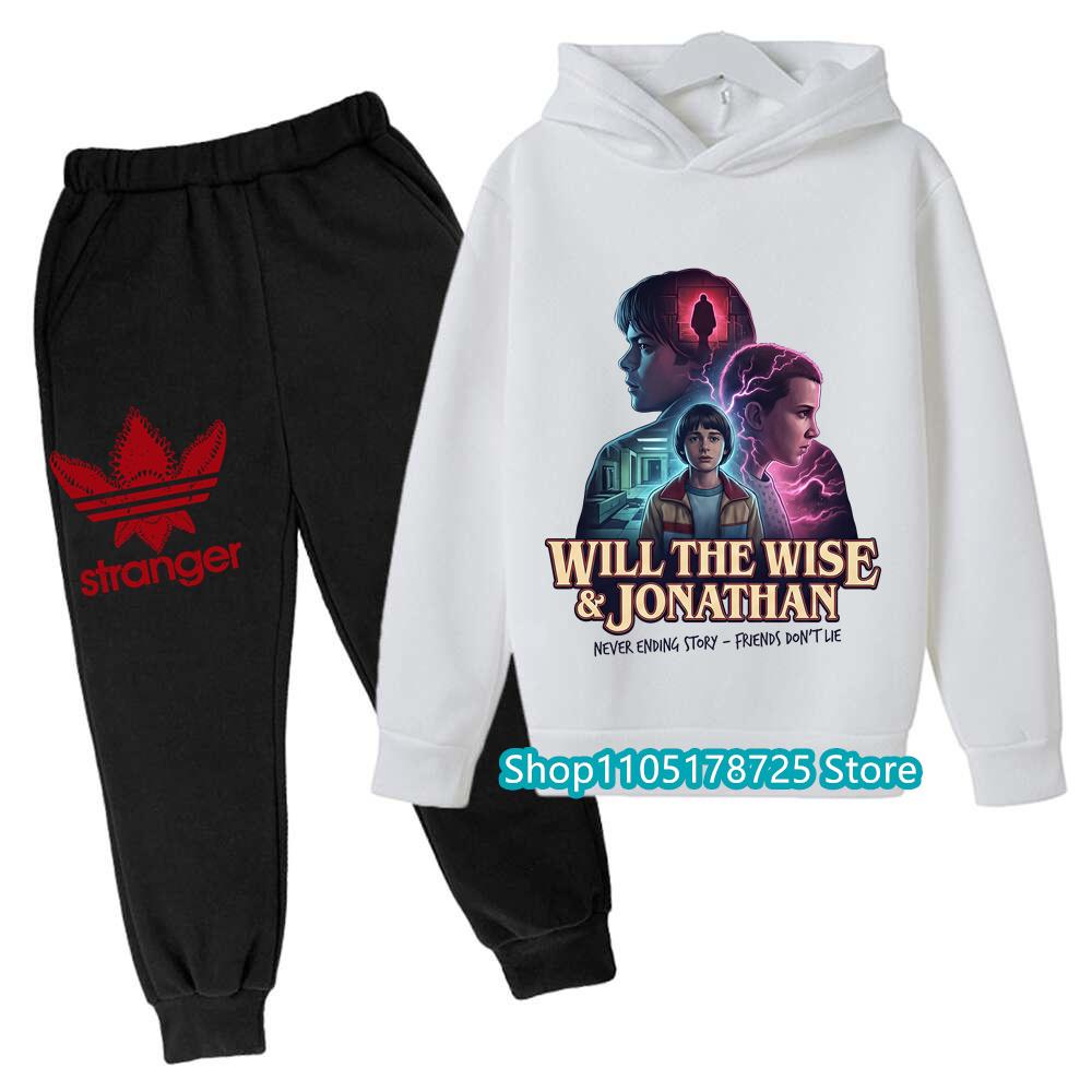 

Kids Stranger Things Hawkins Indiana Graphic Hoodie Set with Bicycle Design for Boys and Girls 120