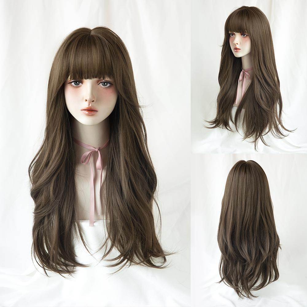 Lange Lockige Haare Damen Perücke mit Pony Täglich Braun Schwarz Rosa Lolita Cosplay Geflochtene Perücken Hitzebeständige Faser Party Kunsthaar