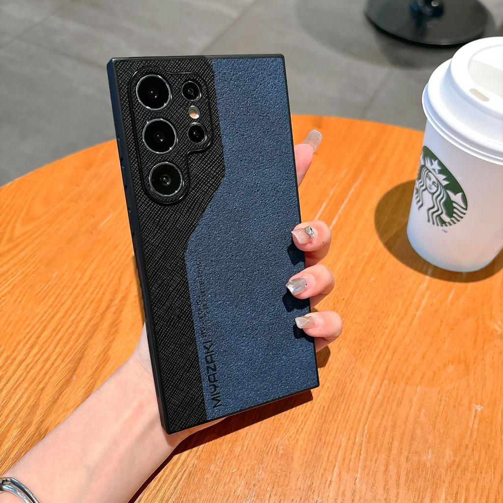 Suitable for Samsung S25ultra Leather Matte Mobile Phone S23plus Color Blocking Lambskin Simple S24 Contrasting Color Case