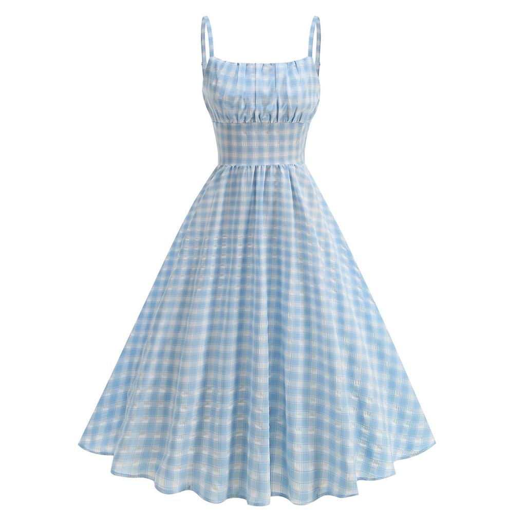 Damen Retro Ein-Schulter Strandoutfit Frische Britische Hosenträger Hoch Taille Karokleid