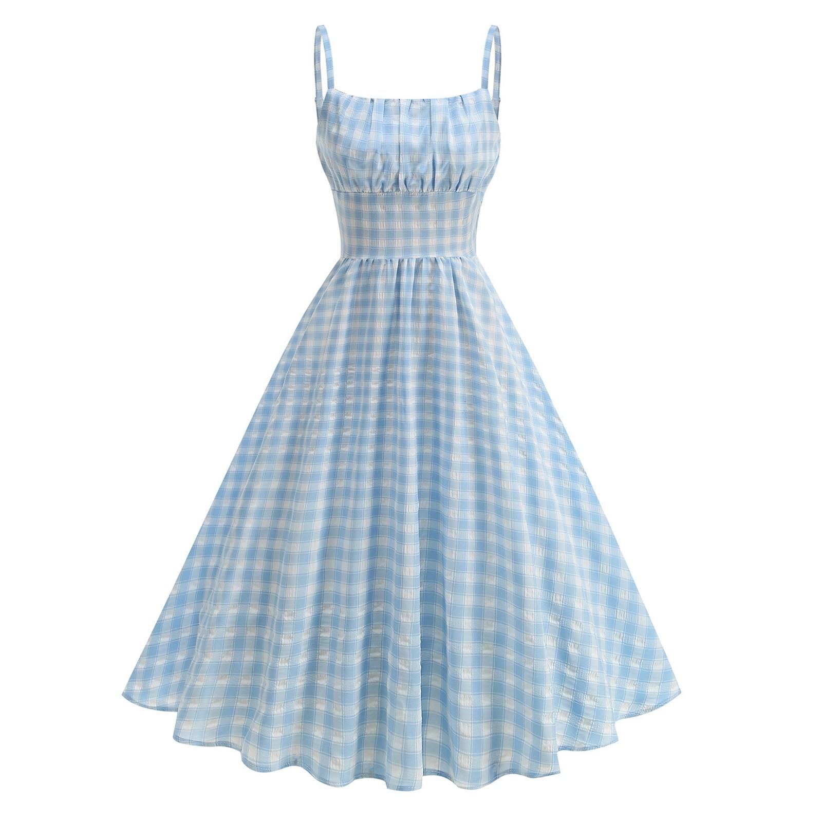 

Женский ретро наряд на одно плечо для побережья, свежий британский сарафан на подтяжках с высокой талией в клетку L синий
