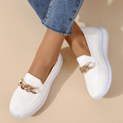 Mesh Shallow Solid Color Round Toe Chain One Foot Slip Plus Size Athleisure Single Shoes Women