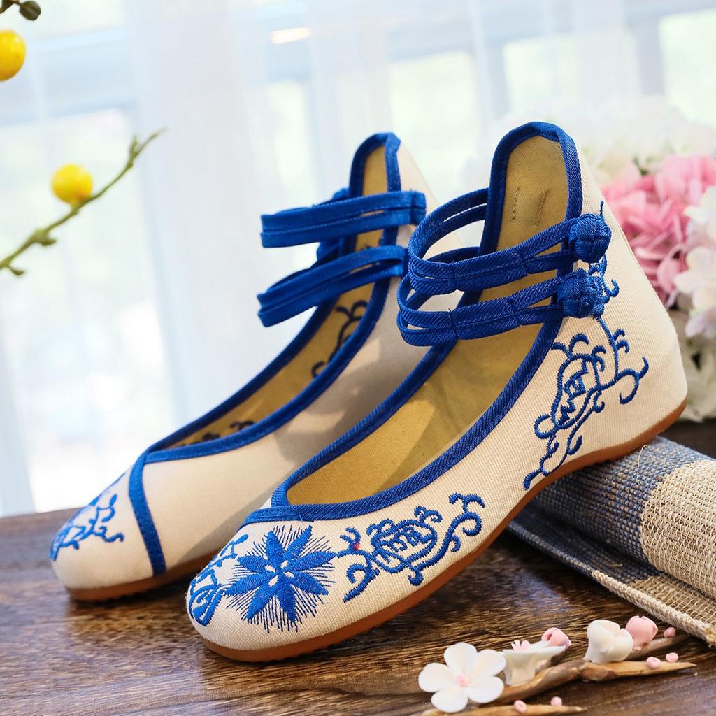 2025 Embroidered Women Canvas Ballet Flats Ankle Strap Ladies Casual Cotton Chinese Embroidery Ballerina Shoes