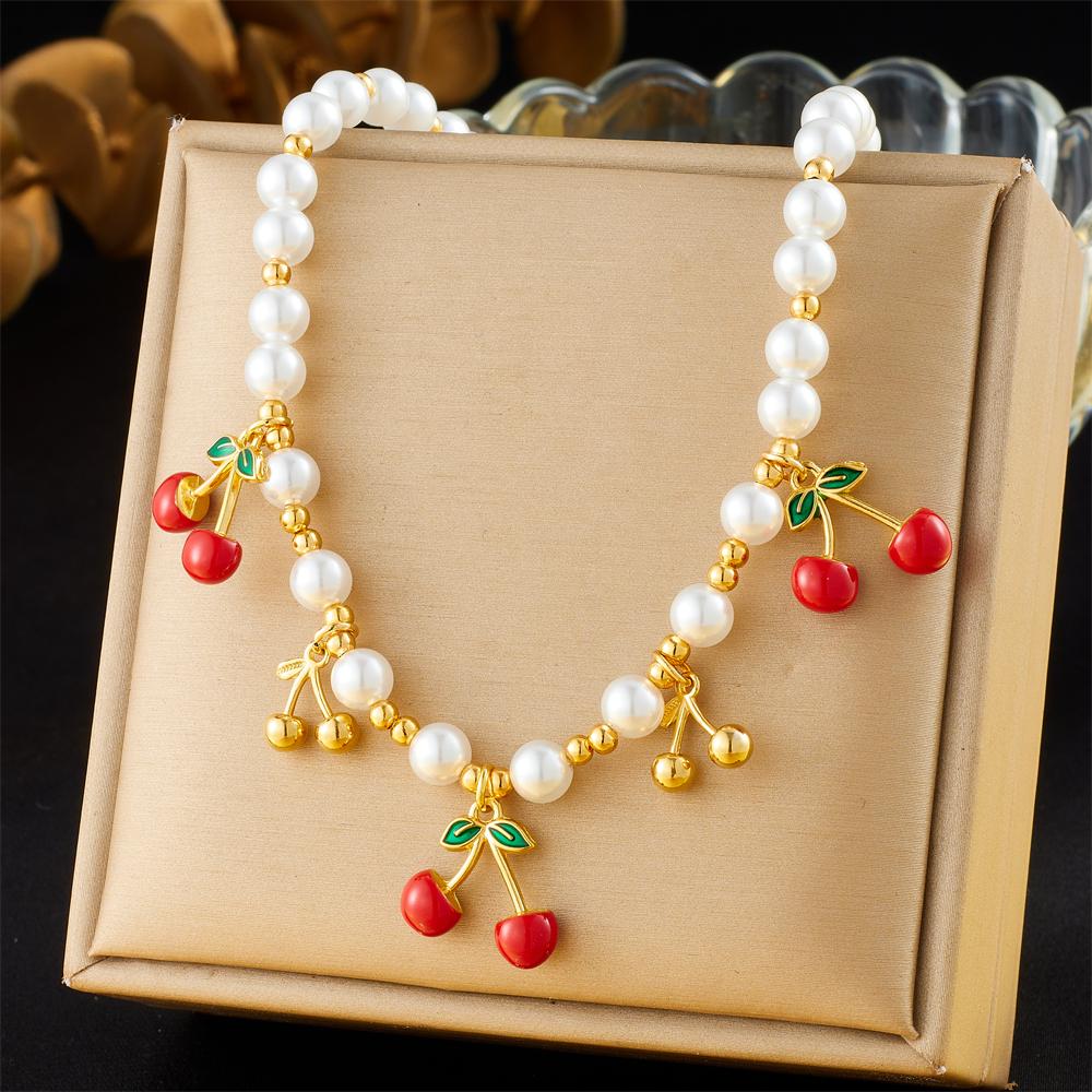 DIEYURO 316L Stainless Steell Cherry Strawberry Fruit Series Necklace For Women Lady New Fashion Neck Chain Jewelry Party Gift